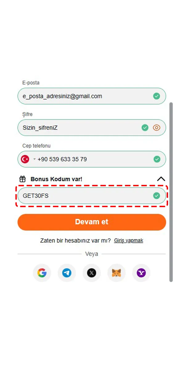 Kayıt sırasında promosyon kodunu girin